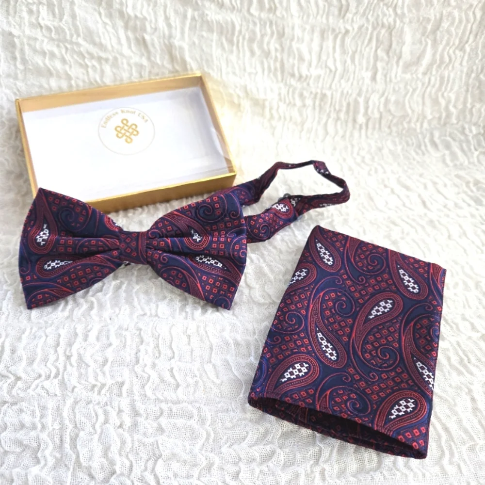 Men's Bow tie‎ Paisley Pre-Tied Bowtie and Handkerchief Set Wedding Formal Party